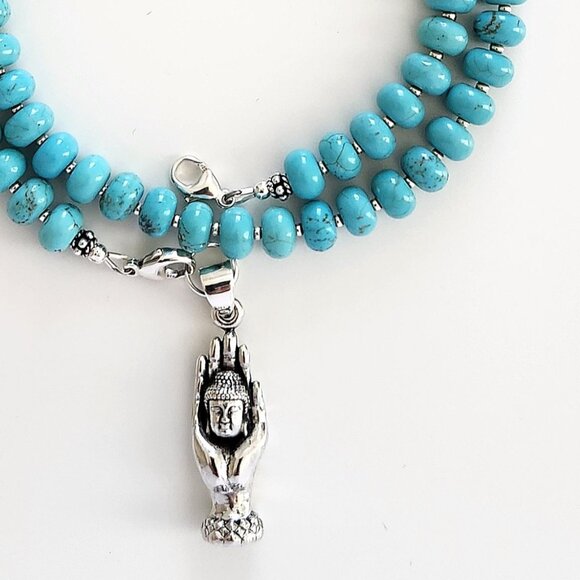 TURQUOISE NECKLACE W/ 925 SILVER HAND OF BUDDHA--20" - Picture 3 of 3